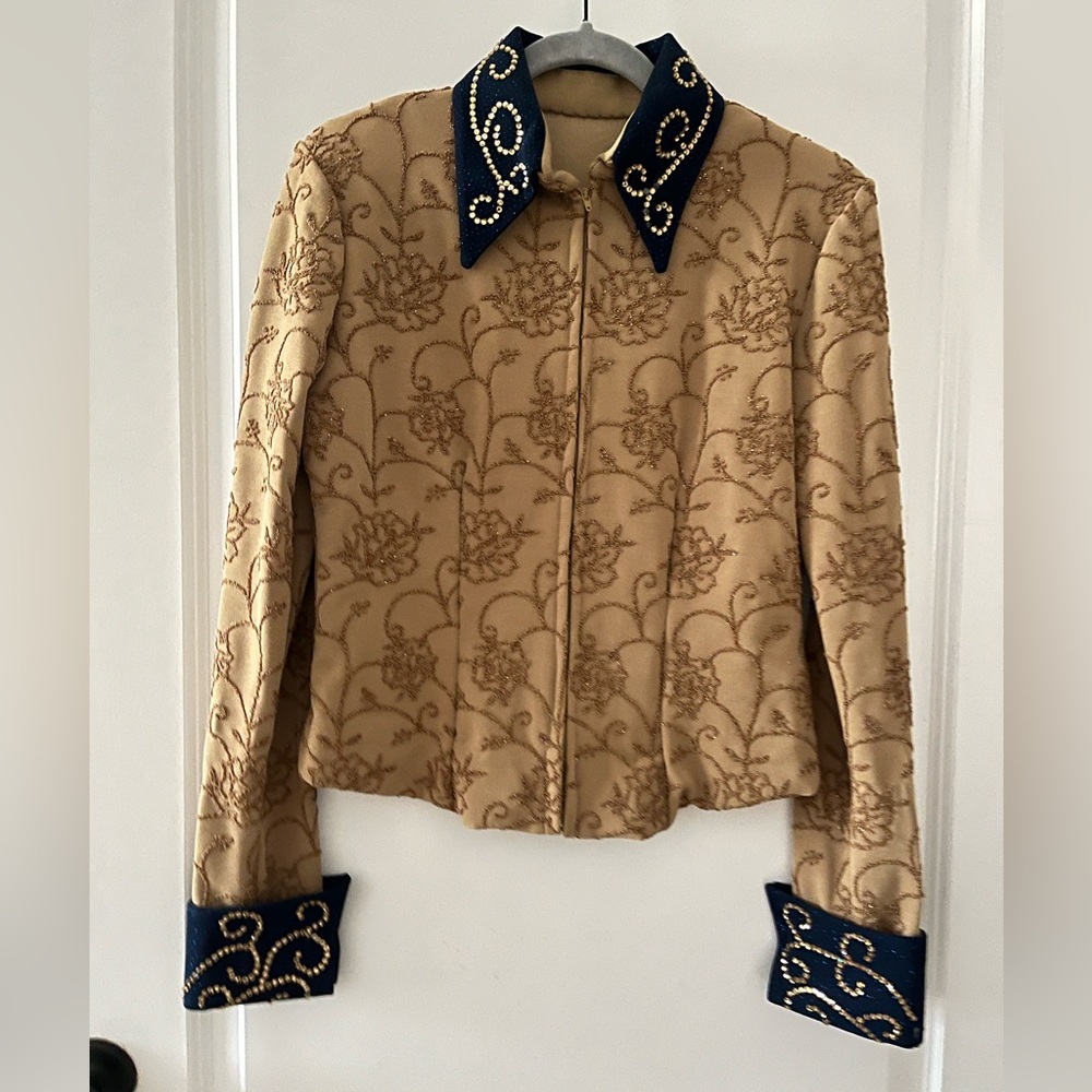 Elegant Tan and Navy Embroidered Women's Blazer